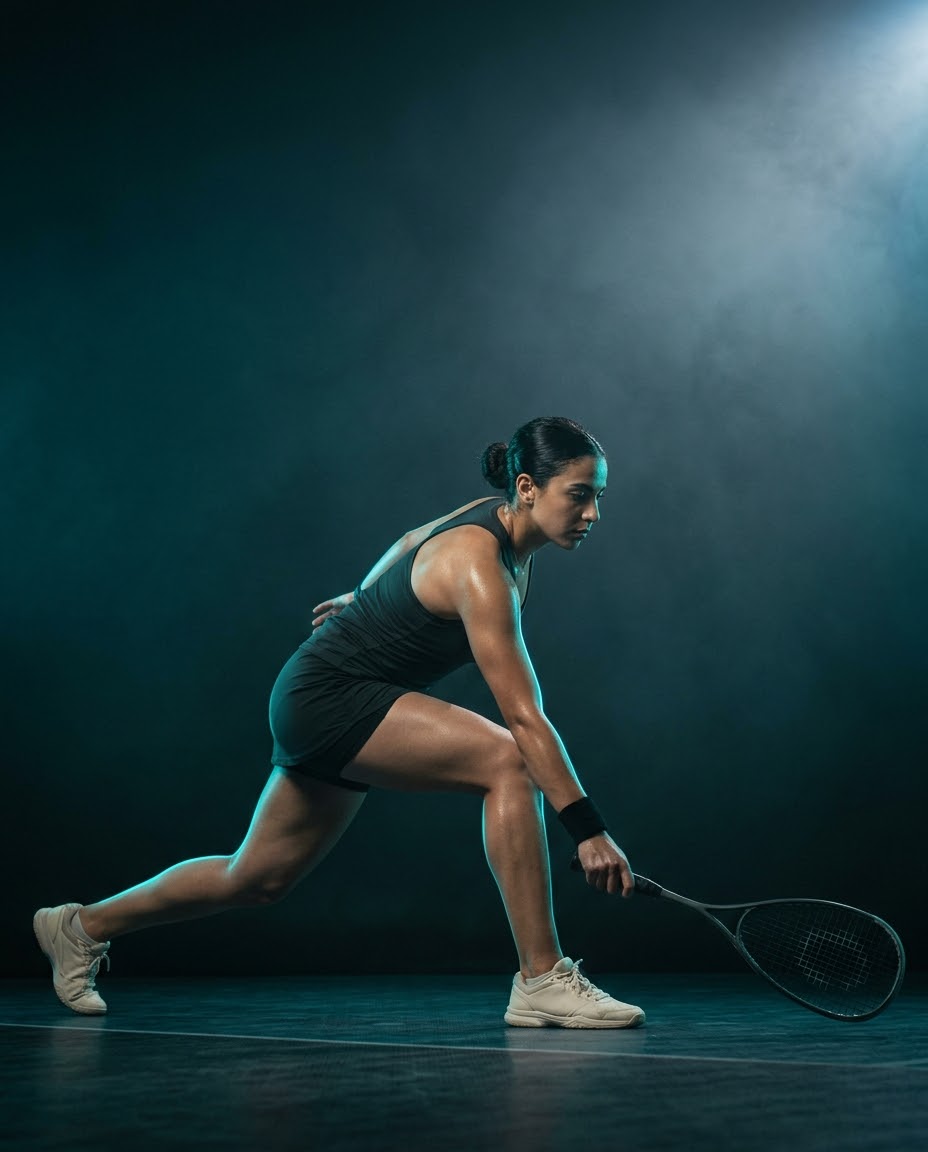 Squash player in a deep lunge, lit by a cyan rim light
